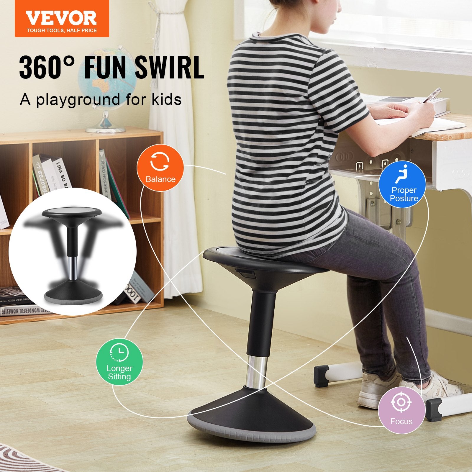 Wobble Chair, Height-Adjustable (15.7-21.7') Active Chair, Flexible Seating Wobble Stool Made Of PVC+ABS Improves Focus & Posture, Ideal For Schools, Office And Home, Age 12-18, Black