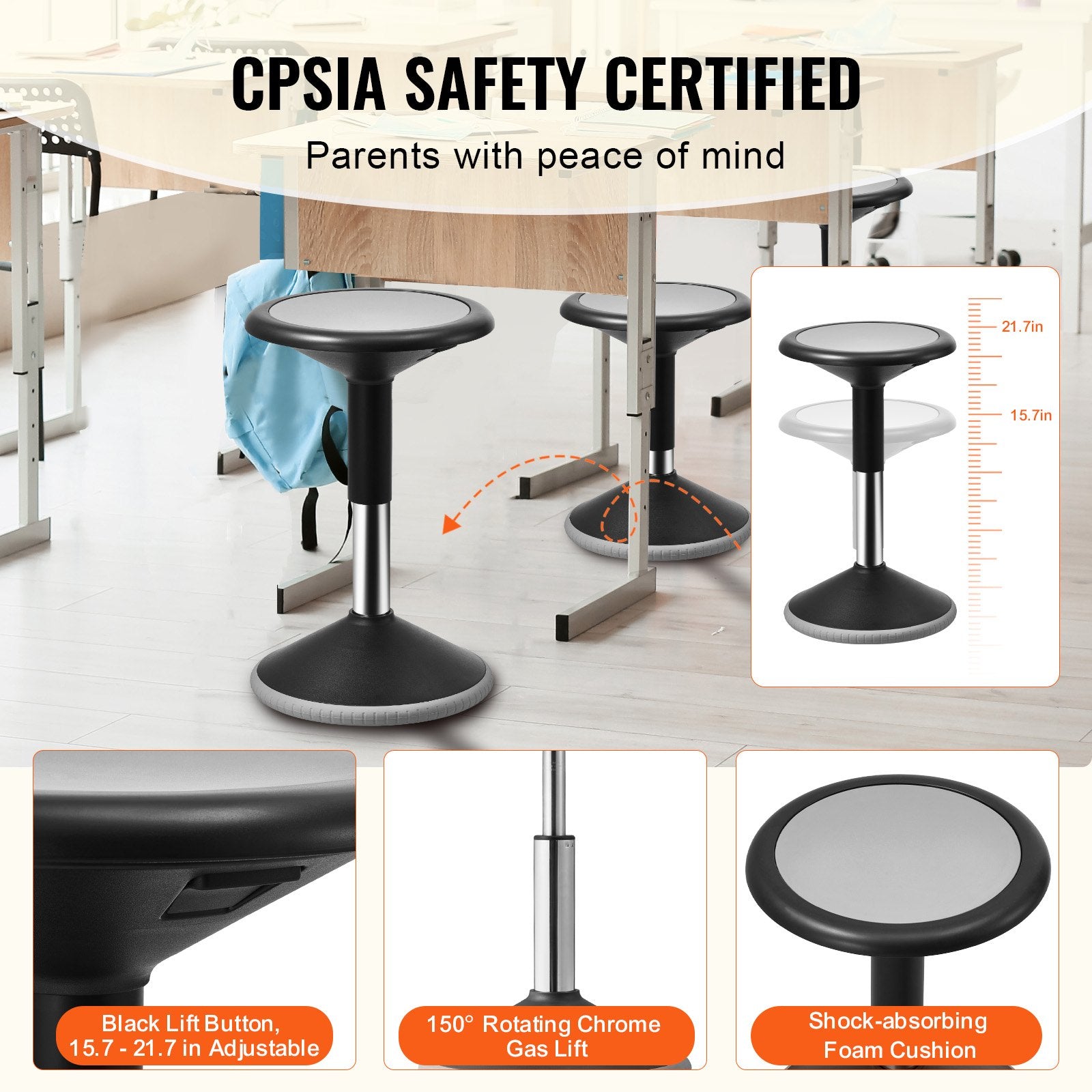 Wobble Chair, Height-Adjustable (15.7-21.7') Active Chair, Flexible Seating Wobble Stool Made Of PVC+ABS Improves Focus & Posture, Ideal For Schools, Office And Home, Age 12-18, Black