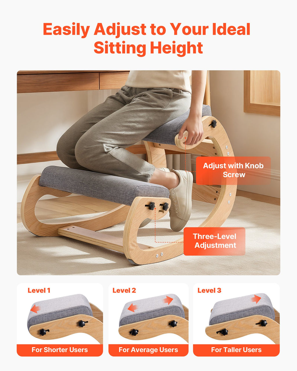 Ergonomic Kneeling Chair, Wooden Posture Knee Chair With Adjustable Thick Foam Cushions & Solid Wood Frame, Adjustable Height, Relief For Neck Or Back Pain For Home, Office Or Meditation, Gray