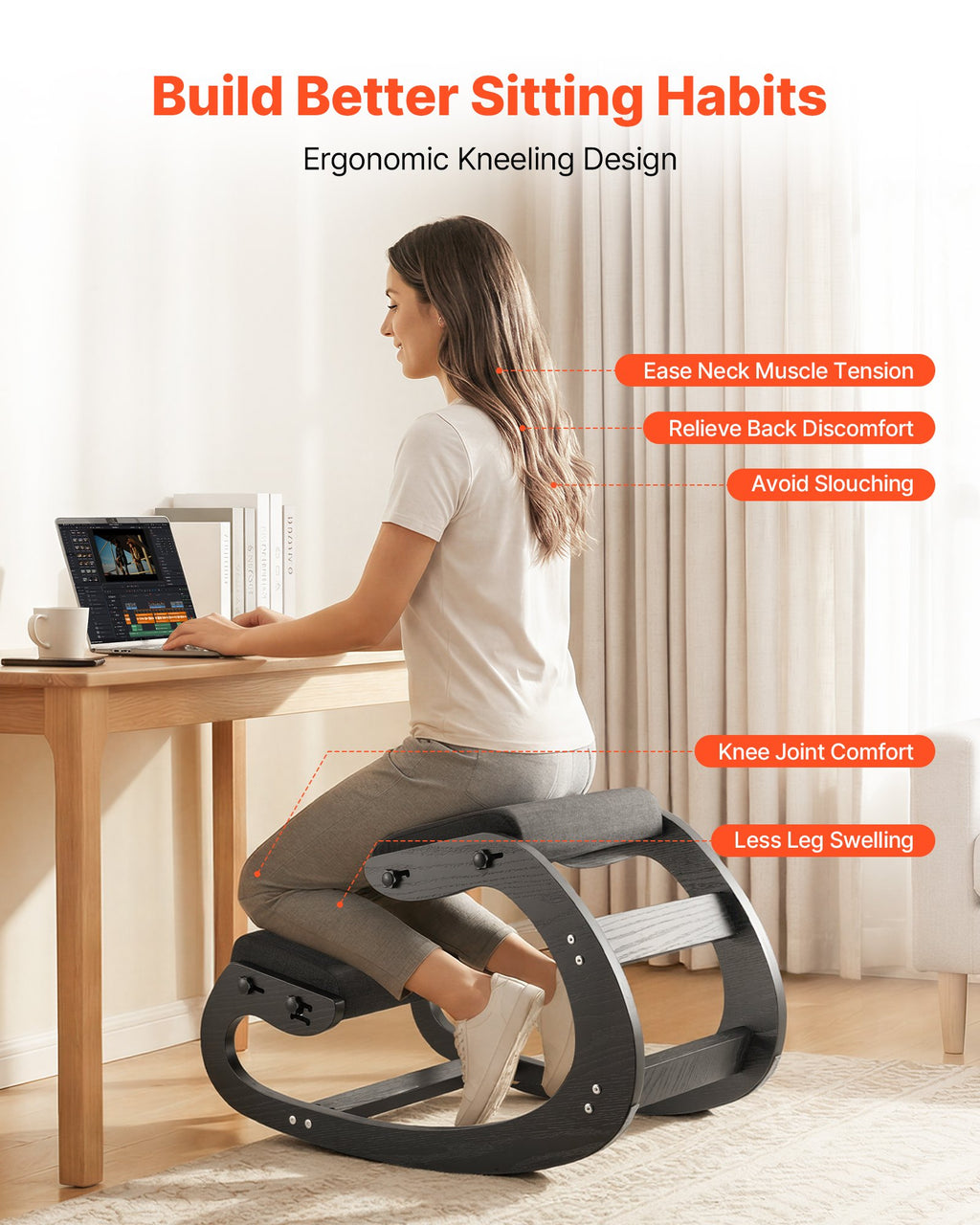 Ergonomic Kneeling Chair, Wooden Posture Knee Chair With Adjustable Thick Foam Cushions & Solid Wood Frame, Adjustable Height, Relief For Neck Or Back Pain For Home, Office Or Meditation, Black