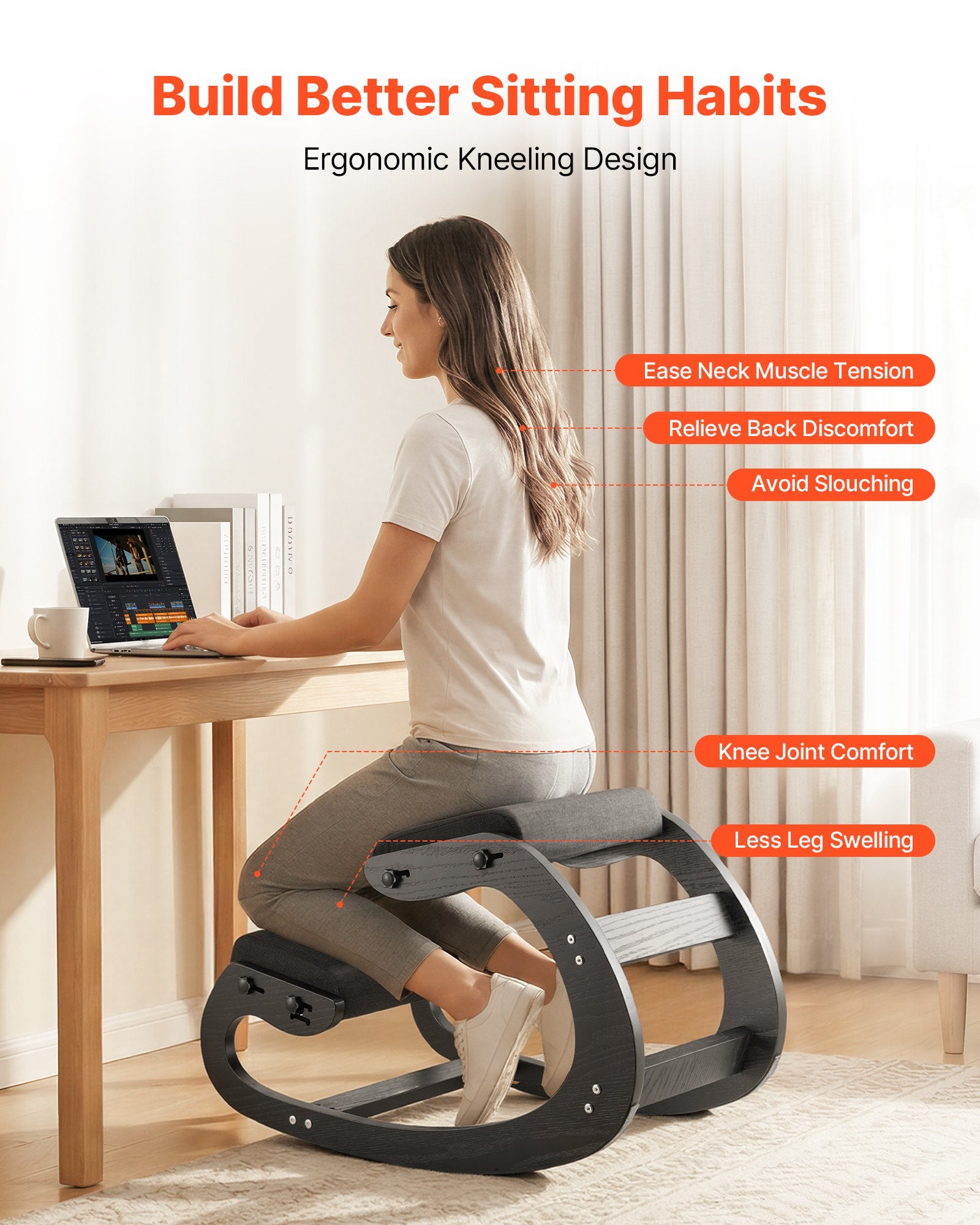 Ergonomic Kneeling Chair, Wooden Posture Knee Chair With Adjustable Thick Foam Cushions & Solid Wood Frame, Adjustable Height, Relief For Neck Or Back Pain For Home, Office Or Meditation, Black