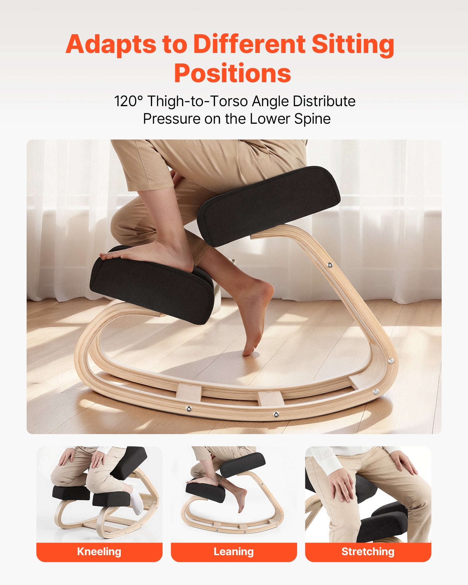 Ergonomic Kneeling Chair, Wooden Posture Knee Chair With Thick Foam Cushions And Solid Wood Frame, Adjustable Height, Natural Relief For Neck Or Back Pain, Ideal For Home, Office Or Meditation