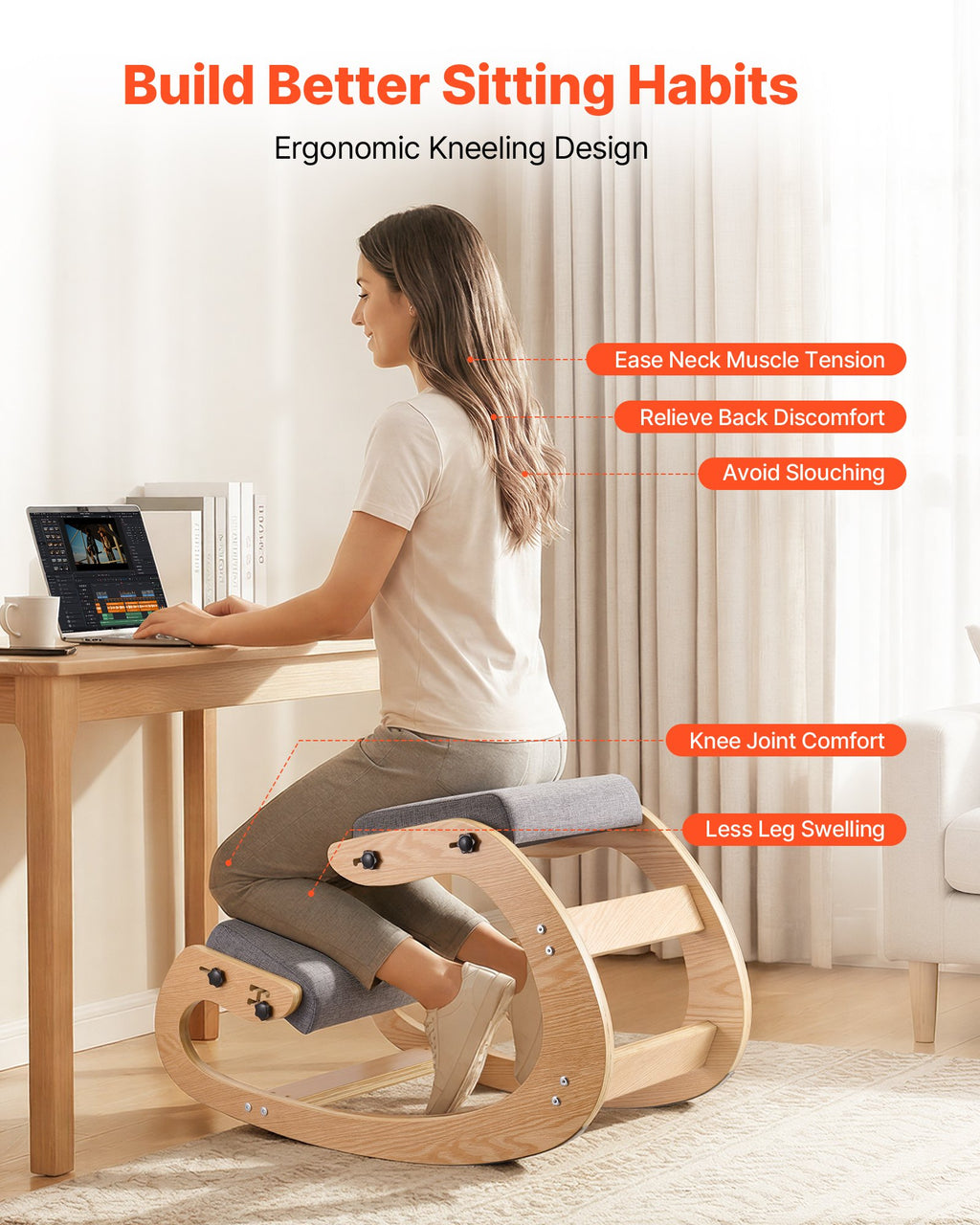 Ergonomic Kneeling Chair, Wooden Posture Knee Chair With Adjustable Thick Foam Cushions & Solid Wood Frame, Adjustable Height, Relief For Neck Or Back Pain For Home, Office Or Meditation, Gray
