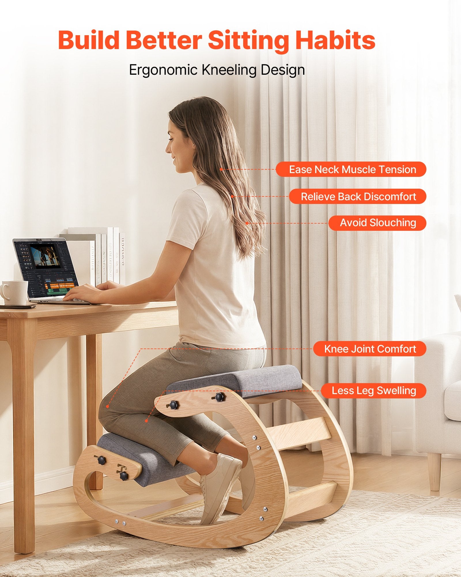 Ergonomic Kneeling Chair, Wooden Posture Knee Chair With Adjustable Thick Foam Cushions & Solid Wood Frame, Adjustable Height, Relief For Neck Or Back Pain For Home, Office Or Meditation, Gray