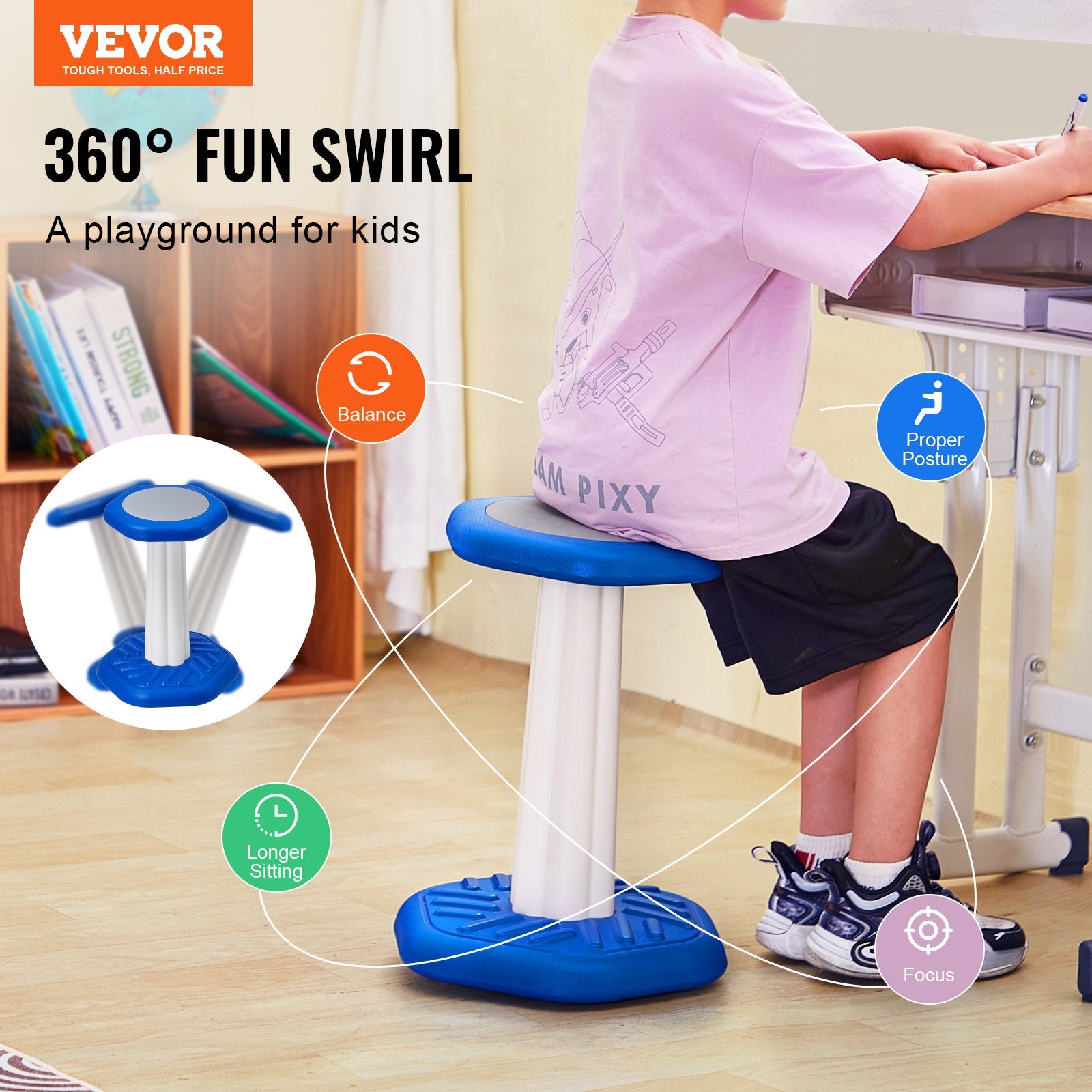 Kids Wobble Chair (17.7-inch High), Active Chair With Sponge Cushion, Wobble Stool Improves Focus, Posture And Calm Children, Ideal For Schools And Home, Age 7-14, Blue