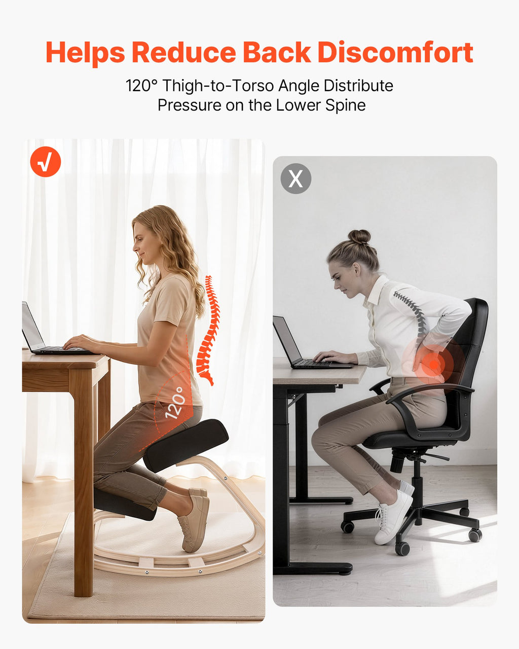 Ergonomic Kneeling Chair, Wooden Posture Knee Chair With Thick Foam Cushions And Solid Wood Frame, Adjustable Height, Natural Relief For Neck Or Back Pain, Ideal For Home, Office Or Meditation